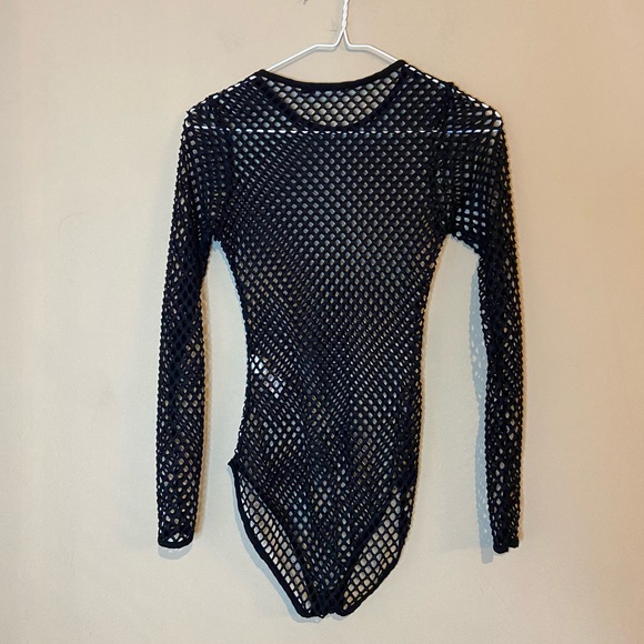 BOOHOO BLACK Net Bodysuit Top long Sleeve Sexy SZ 2 (XS) See-through Party - Picture 3 of 8